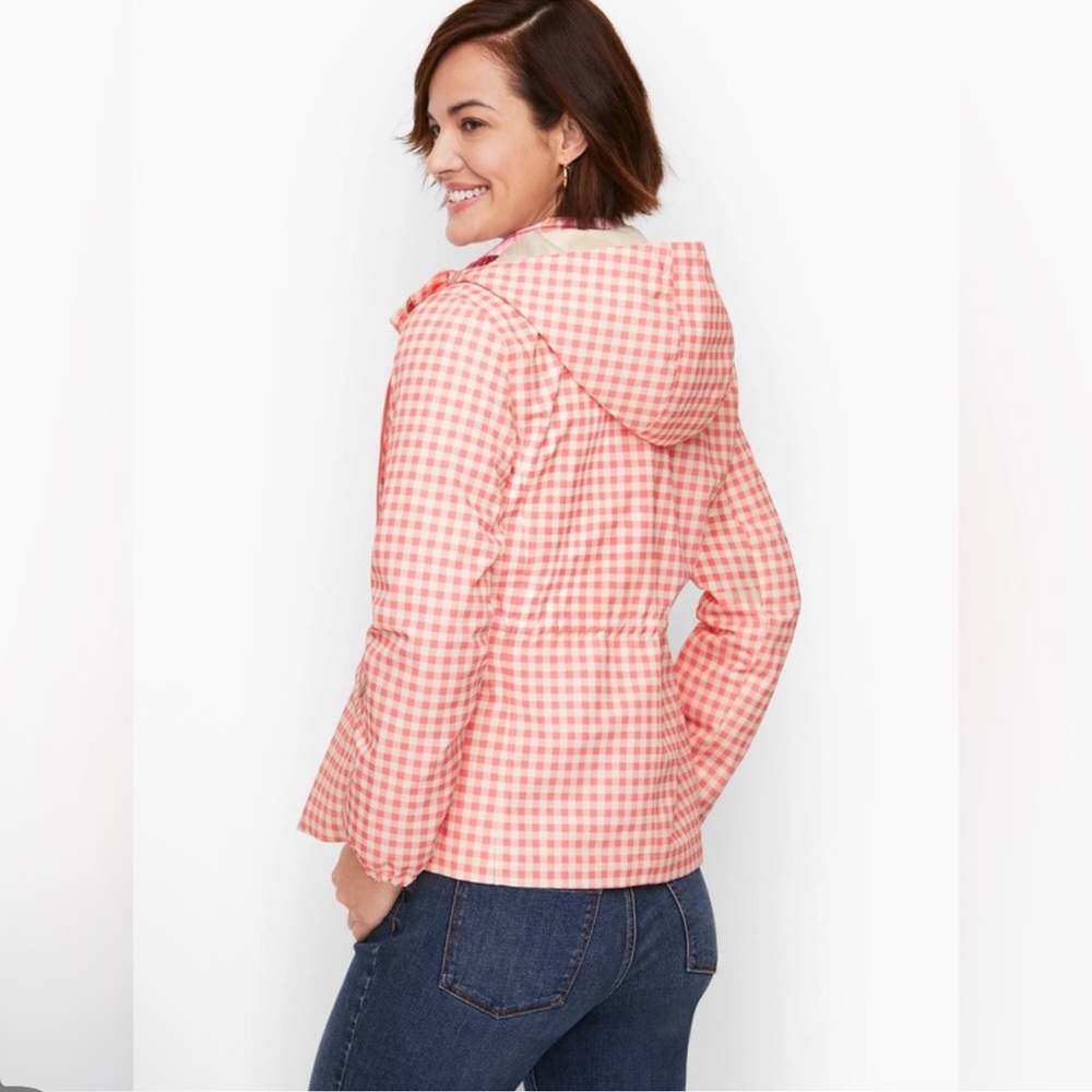 Talbots Pink Gingham Hooded Rain Jacket Women's Size L Lightweight Snap Front - Picture 2 of 6